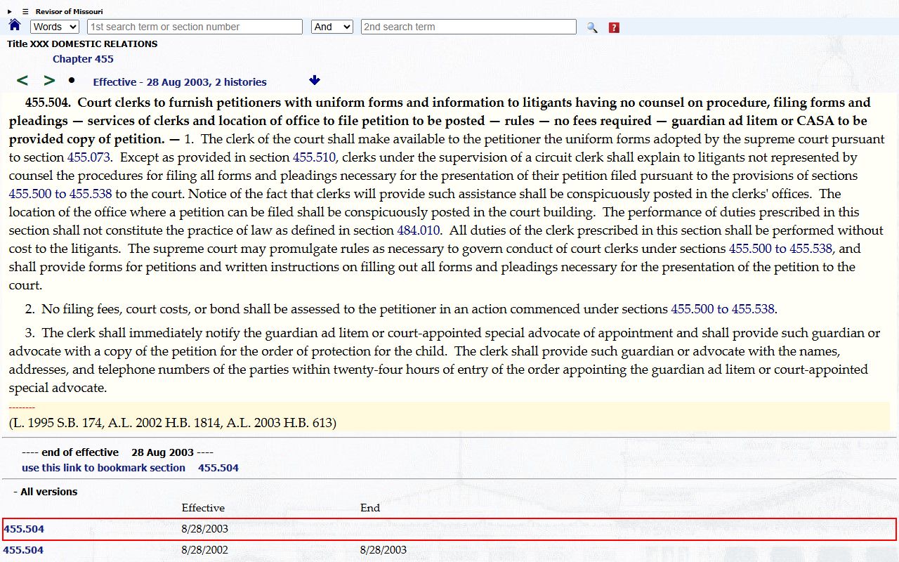 Phelps County court records Missouri protection order clerk assistance statute